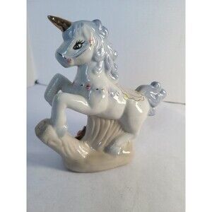 Vintage  Unicorn Blue Mane/Tail Gold Horn Porcelain Figurine 5.5” Colorful